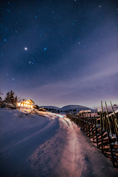 Mountain cabin at dawn in Norway