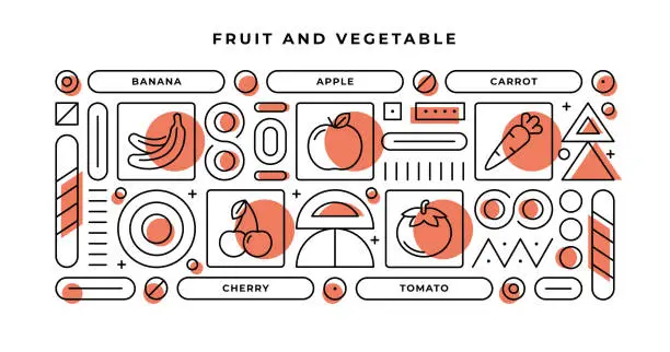 Vector illustration of Fruit and Vegetable Infographic Concept with geometric shapes and Banana,Apple,Carrot,Cherry Line Icons