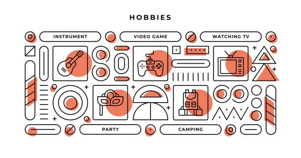 Vector illustration of Hobbies Infographic Concept with geometric shapes and Instrument,Video Game,Watching Tv,Party Line Icons