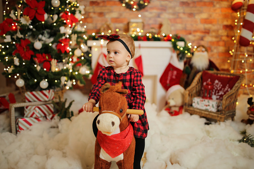 Little girl on a toy horse