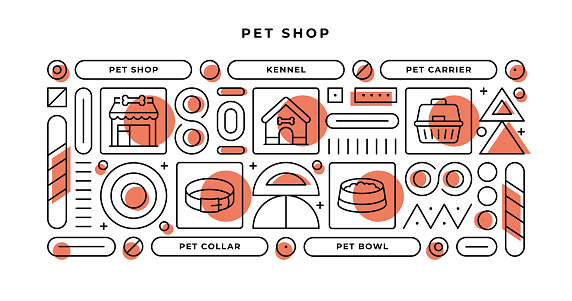 Pet Shop Infographic Concept with geometric shapes and Pet Shop,Kennel,Pet Collar,Pet Bowl Line Icons