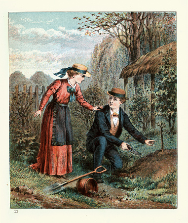 Vintage illustration Teenage boy and girl planting an apple tree together, 1880s, Victorian children's art 19th Century