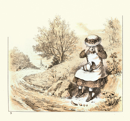 Vintage illustration Little girl crying over a broken jug, Victorian children's art, 19th Century