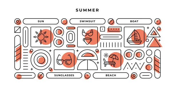 Vector illustration of Summer Infographic Concept with geometric shapes and Sun,Swimsuit,Boat,Sunglasses Line Icons