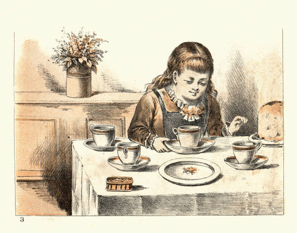 Girl setting out cups for afternoon tea, Victorian children's art, 19th Century vector art illustration