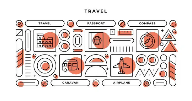 Vector illustration of Travel Infographic Concept with geometric shapes and Travel,Passport,Compass,Airplane Line Icons