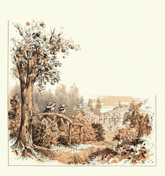 Vintage illustration Boy and girl sitting on a bench under an apple tree, Victorian children's art, 19th Century