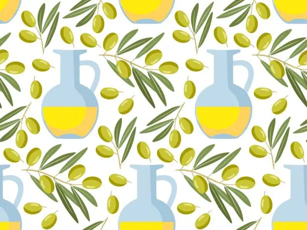 Vector illustration of Seamless pattern with Olive Oil Bottle and olive branch. Green branch with berries and yellow oil tank. Vegetable for Mediterranean. Repeated vector for wallpaper, textile, wrapping, scrapbooking