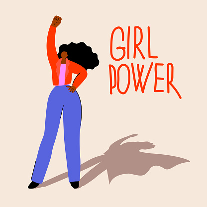 African american woman standing with her fist raised up. Girl power. International women's day. Feminist. Woman with superhero shadow. Woman with her hand raised. Stop racism. Strength. Business woman