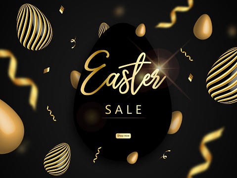 Golden Easter Eggs on Black Background with Confetti- Sale banner