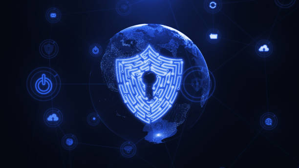 istock Digital Shield Icon and Earth Sphere with Line Connection Futuristic Technology Abstract Background 1459802037