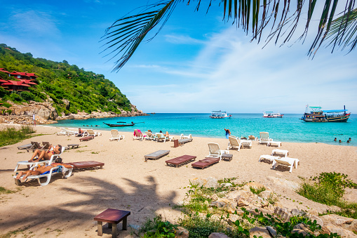 September 21, 2019 - Koh Tao, Thailand: tourists in the sun lounger at Aow Luek bay beach in Koh Tao with Typical thai Diving Ships in the background. Ko Tao is famous for its Dive Spots. Lots of tourists go on daily snorkeling and diving tours