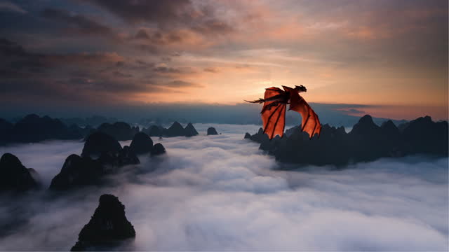 Dragon flying over rolling clouds at sunrise