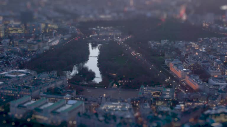 Aerial View of The Mall leading to Buckingham Palace, London, with a tilt-shift miniature image effect, UK. 4K