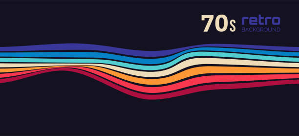 illustrazioni stock, clip art, cartoni animati e icone di tendenza di 1970 disegno astratto retrò della linea di fondo della linea dell'onda arcobaleno - rainbow striped abstract in a row
