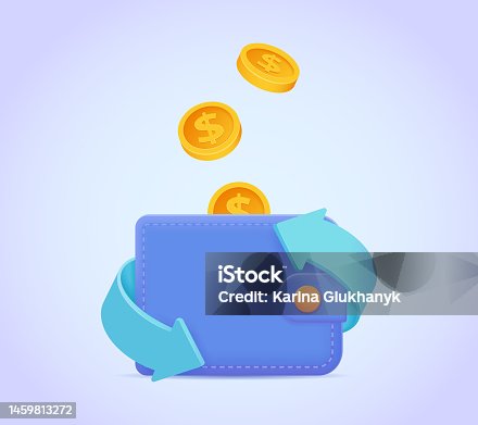 istock Wallet and falling coins vector illustration. Purse icon 3d. Cashback, money transfer concept for landing page, web, mobile app, poster, banner, flyer. 1459813272