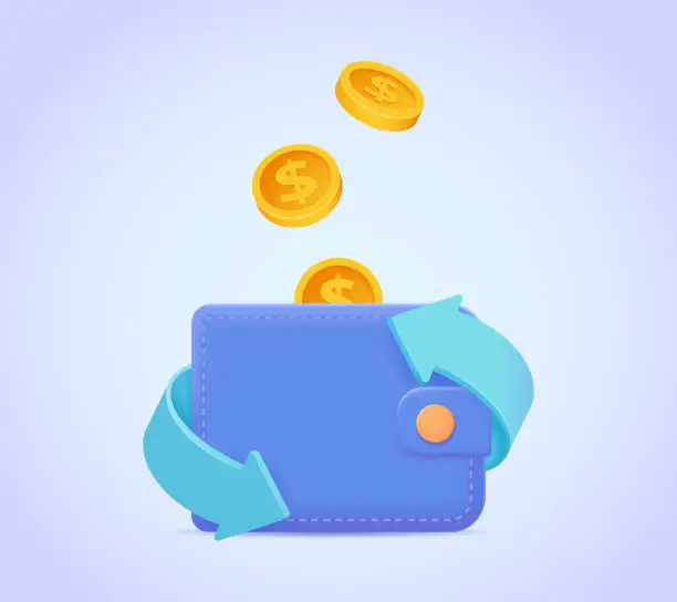 Vector illustration of Wallet and falling coins vector illustration. Purse icon 3d. Cashback, money transfer concept for landing page, web, mobile app, poster, banner, flyer.