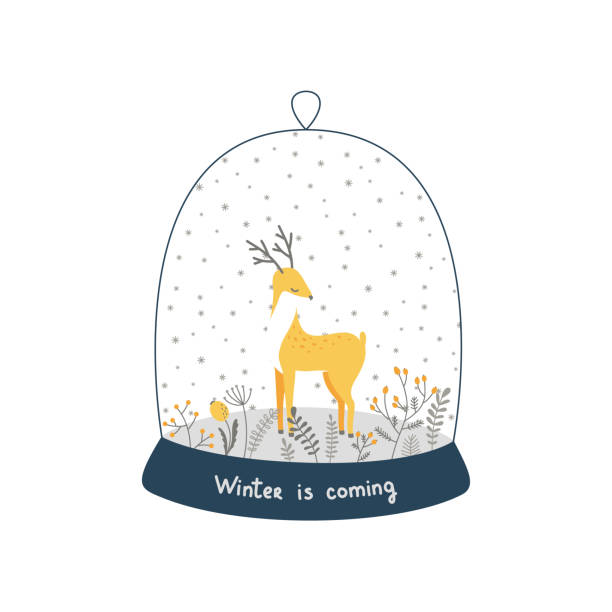 stockillustraties, clipart, cartoons en iconen met vector winter composition with a deer, branches and snow under a glass flask. - dry january