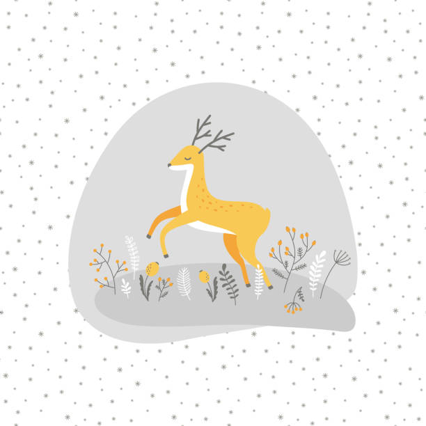 stockillustraties, clipart, cartoons en iconen met vector winter composition with deer, branches and snow - dry january