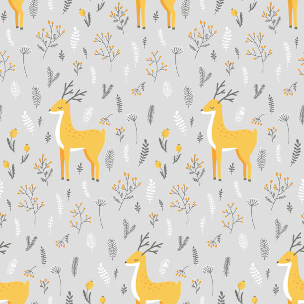 stockillustraties, clipart, cartoons en iconen met winter vector seamless pattern with deer and plant branches - spruce, pine, wild rose, rowan, grass, berries and more. background for design of fabric, paper, textile, wallpaper. - dry january
