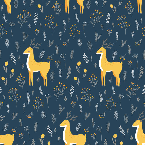 stockillustraties, clipart, cartoons en iconen met winter vector seamless pattern with deer and plant branches - spruce, pine, wild rose, rowan, grass, berries and more. background for design of fabric, paper, textile, wallpaper. - dry january