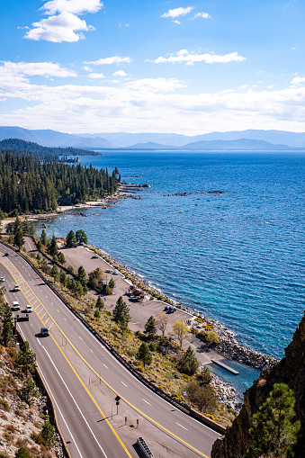 View south from the top of Cave Rock Trail on the Nevada side of Lake Tahoe. Route 50 is the highway visible in the left foreground.