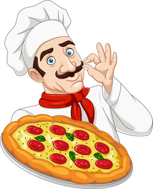 Hombre chef de dibujos animados sosteniendo una pizza - ilustración de arte vectorial