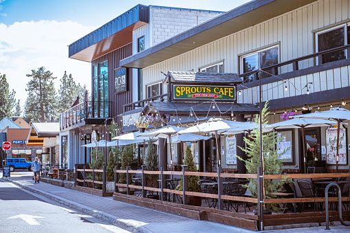 South Lake Tahoe, CA - September 13, 2022: Sprouts Cafe at 3123 Harrison Ave. in South Lake Tahoe is a popular eatery featuring natural foods, juices and smoothies.