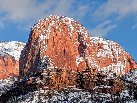 View of Kolob Canyon peaks in winter in Zion National Park Utah at viewpoint along the scenic drive