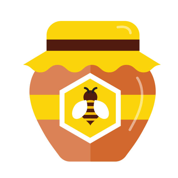 Grocery food packaging honey jar colorful with label icon on white background Vector illustration of Grocery food packaging on white background. Fully editable for easy editing. Simple set that includes vector eps and high resolution jpg in download. honey stock illustrations