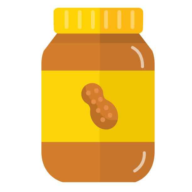 ilustraciones, imágenes clip art, dibujos animados e iconos de stock de envasado de alimentos comestibles colorido frasco de mantequilla de maní con icono de etiqueta sobre fondo blanco - peanut butter