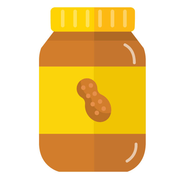 식료품 식품 포장 흰색 배경에 레이블 아이콘이 있는 다채로운 땅콩 버터 항아리 - peanut butter stock illustrations