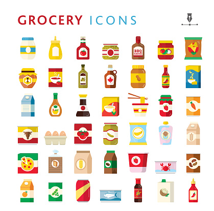 Vector illustration of a set of Grocery food packaging, bottles, cans, boxes, glass jars colorful icons. Includes mayonnaise jar, mustard squeeze bottle, ketchup bottle, relish jar, barbecue sauce bottle, salsa jar, tortilla bag, honey jar, tomato soup can, olive oil bottle, maple syrup bottle, peanut butter, hot sauce, mac and cheese, milk carton, salad dressing, soya sauce, cereal box, instant noodles, jam jar, canned carrot, corned beef, egg crate, canned tomatoes, pickle jar, chip bag, baby food pouch, oat milk, frozen pizza, loaf of bread, flour bag, coffee bag, yogurt cup, canned crab, can of beans, orange juice carton, canned peas, soda pop can, canned tuna, Asian sauce, coconut water, siracha sauce squeeze bottle on white background. Fully editable for easy editing. Simple set that includes vector eps and high resolution jpg in download.