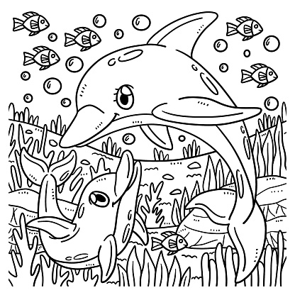 Mother Dolphin and Baby Dolphin Coloring Page