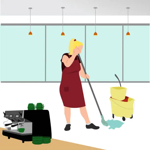Vector illustration of Store Employee Cleaning Red Apron