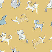 istock Seamless pattern with funny dogs playing. Perfect for kids. Made of vector illustrations in cartoon style 1459840171