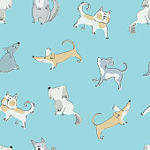 istock Seamless pattern with funny dogs playing. Perfect for kids. Made of vector illustrations in cartoon style 1459840175