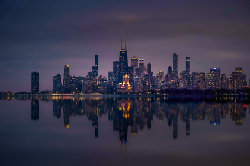 Chicago skyline reflection on Lake Michigan.