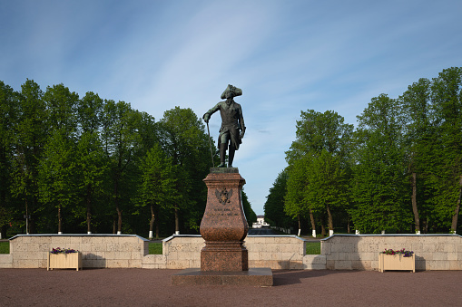 Monument to the Emperor of Russia Paul the First on a sunny summer day, Gatchina, Leningrad region, Russia. Translation of the inscription on the monument To Paul the First Emperor of Russia in 1851.