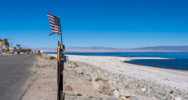 Small USA flag on a stick by the Salton Sea in California with coastline in the background stock photo