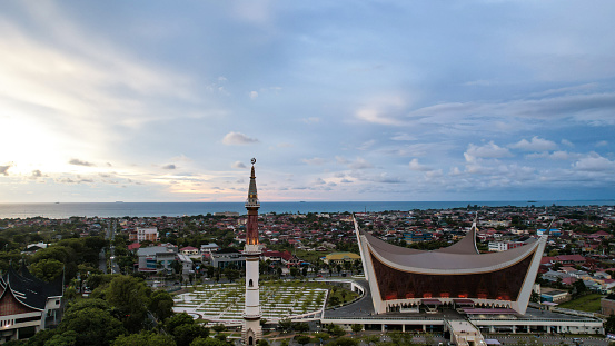 Aerial view of The Great Mosque of West Sumatera, the biggest mosque in West Sumatera. with a unique design that inspired by traditional house of West Sumateran people