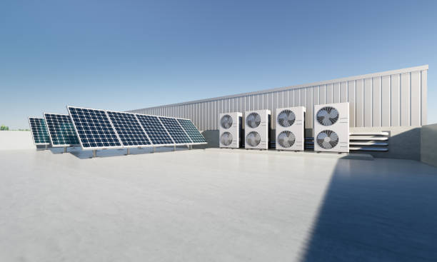 istock 3d rendering of photovoltaic cell on solar panel, condenser unit or compressor on rooftop. Eco building with system technology for future. To generate electrical power or direct current electricity. 1459853091