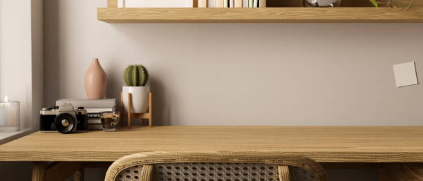 istock Minimal Scandinavian home working table with copy space on minimal wood tabletop 1459855532