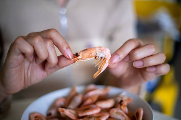 Eating Jumbo Shrimp stock photo
