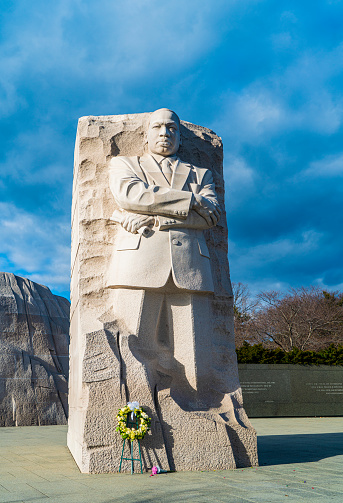 Washington, D.C., USA - January 20, 2023: Martin Luther King Jr. Memorial in Washington, D.C., USA with wreath laid in front.