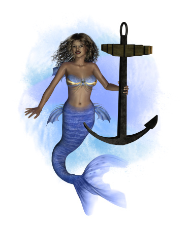3D render of an African mermaid with a ship's anchor.