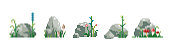 istock Forest flowers and mushrooms in pixel art style. 8 bit rocks set. Collection on 8 bit rocks boulders and stones with grass and other natural elements. Vector isolated illustrations. 1459871260