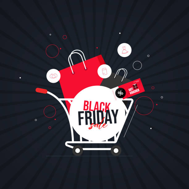 ilustraciones, imágenes clip art, dibujos animados e iconos de stock de super potente, súper venta de black friday en todos los productos con carrito de compras flotante y bolsa de compras - percentage sign flash