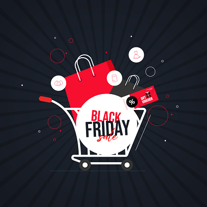Black Friday advertising template. Shopping cart moving fast due to limited sale offer.