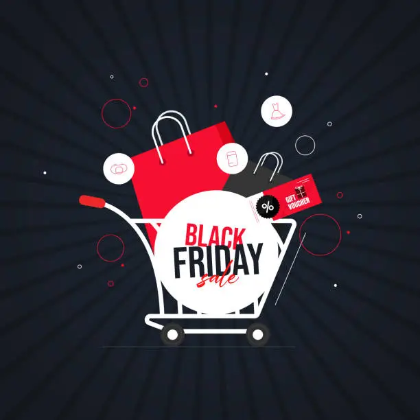 Vector illustration of Super powerful, Black Friday super sale on all product with floating shopping cart and shopping bag